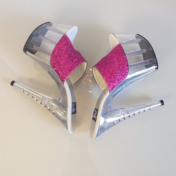 Y2K Lover's Lane Signature Collection Pink Glitter Stiletto Heels Clear Platform - Picture 8 of 10